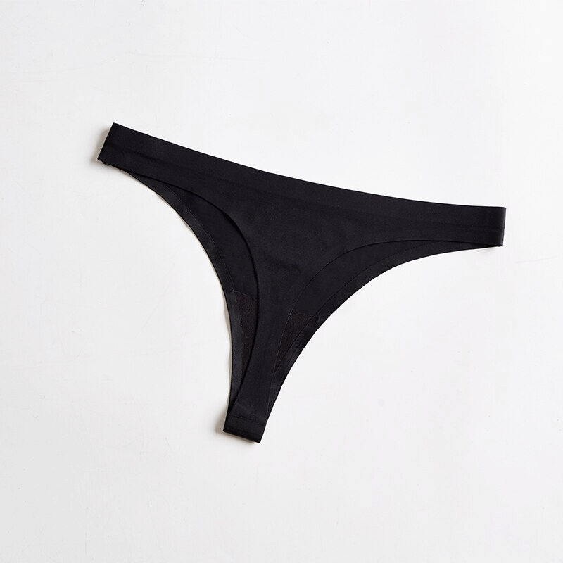 Seamless sports women's thong in black, featuring a sexy, elastic design made of nylon, spandex, and cotton for ultimate comfort.